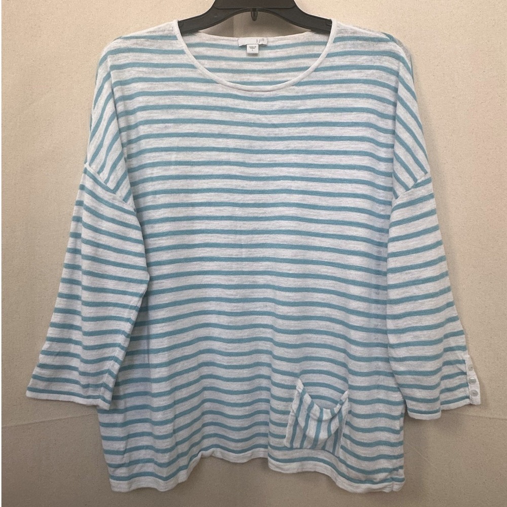 J. Jill Preppy Coastal Beachy Boxy Linen Cotton Striped Knit Top White Blue Sz L
